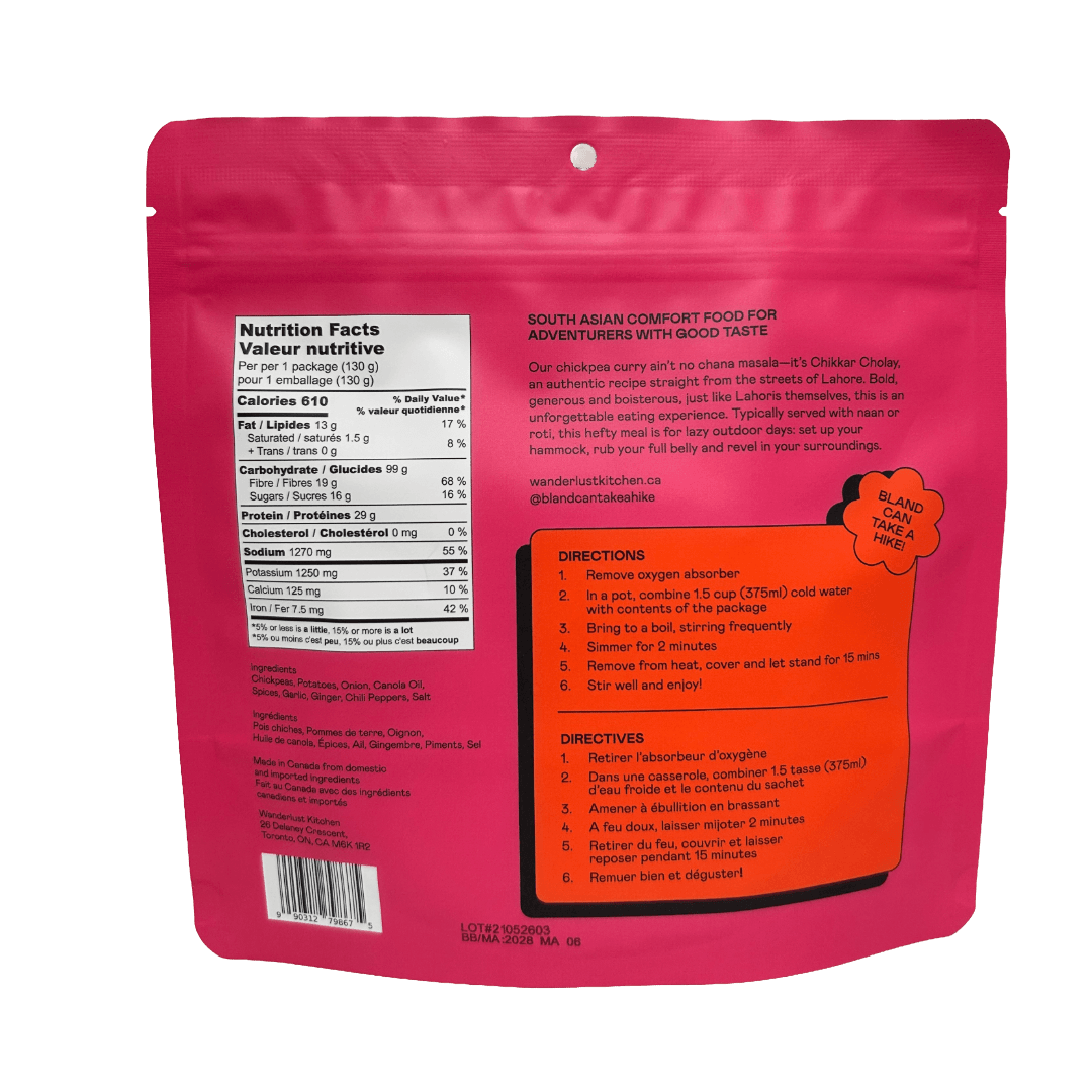 Back of Chikkar Cholay Chickpea Curry pouch